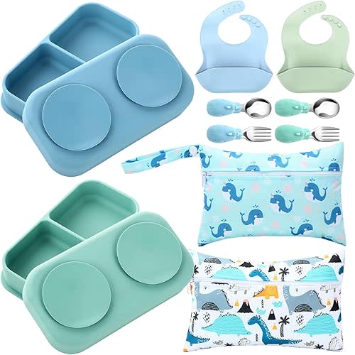 Honeydak 2 Pack Travel Silicone Baby Feeding Set with Suction Bowls Divided Plates Adjustable Foldable Bib Baby Spoon & Fork and Storage Bag Portable Toddler LED Weaning Supplies Eating Utensils