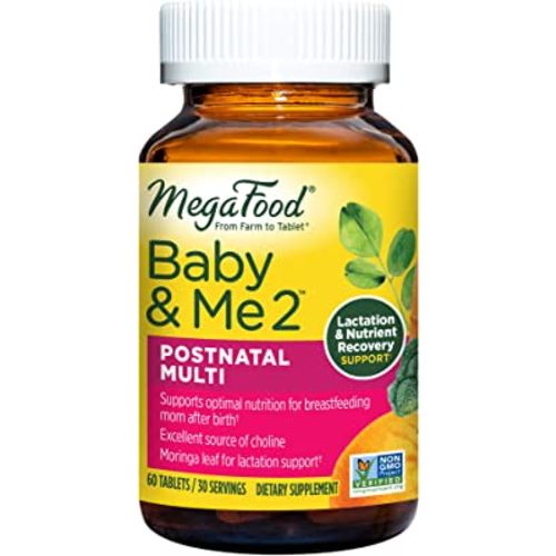 MegaFood Baby & Me 2 Postnatal Vitamins for Breastfeeding Moms with Folate (Folic Acid Natural Form), Choline, Iodine, Vitamin D, Moringa Leaf and More - 60 Tabs (30 Servings)
