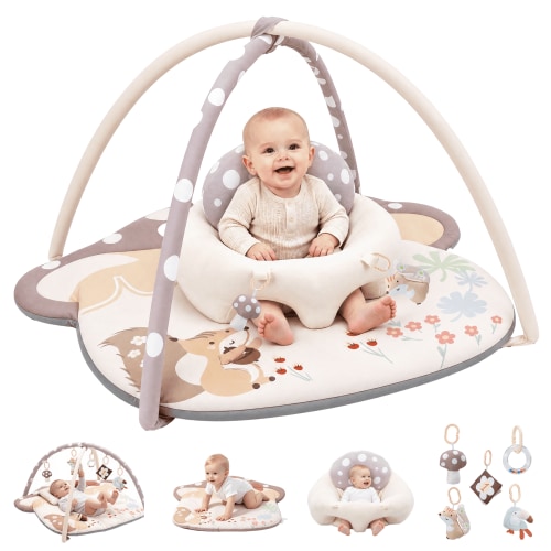 PRVAETU 3-in-1 Baby Play Mat for Infants(Sitting Up, Tummy Time ,Gym Activity) with 5 Detachable Toys,0-18 Months,Newborn Babies Shower Gifts Khaki