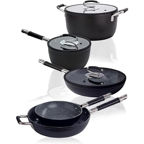 DaTerra Cucina Nonstick Dinner Party Cookware Set – 2.6 Qt Saucepan with Lid, 9.5" & 13" Frying Pans, 13" Wok with Lid, 8 Qt Dutch Oven with Lid – Induction Compatible, Ceramic Coating, Made in Italy