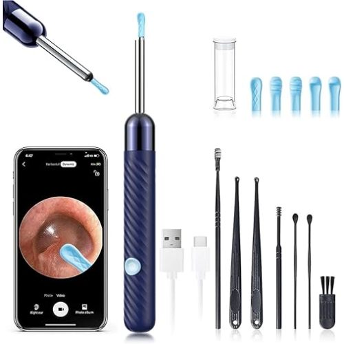 LEIPUT Ear Wax Removal - Earwax Remover Tool with 8 Pcs Ear Set - Ear Canal Cleaner with 1080P Camera - Ear Cleaning Kit with 6 Ear Spoon - Ear Camera for iOS & Android (Navy Blue)