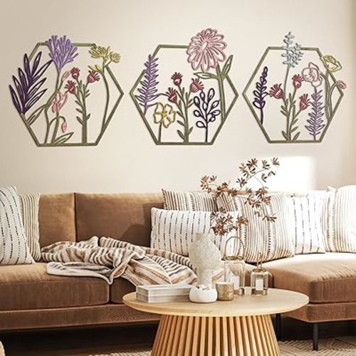 Peryiter 3 Pcs Metal Flower Wall Decor Minimalist Floral Wall Hanging Decor Metal Flower Rustic Floral Art for Christmas Living Room Bathroom Kitchen Indoor Outdoor(Colorful)
