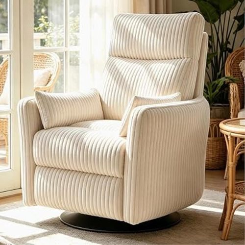 LINSY 220° Swivel Electric Power Recliner Chair, Corduroy Nursing Rocker with USB & Type-C, High Back Adult Comfort Chair with 2 Pillows, for Nursery, Bedrooms, Living Room, Beige