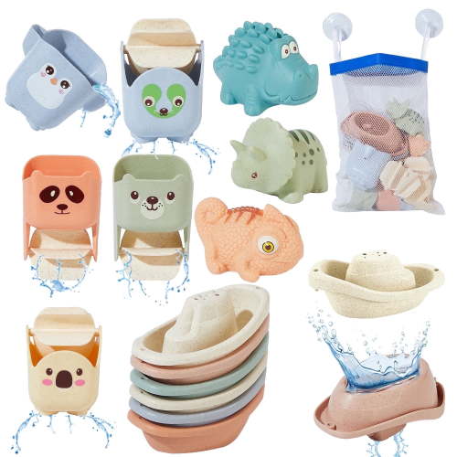Mold Free Bath Toys for Babies 6M+, 14PCS No Hole Toddler Bath Toys with Suction Cup Waterfall Cups, Stackable Boats & Dinosaur Toys, Bath Tub Toys for Kids with Drain Storage Bag