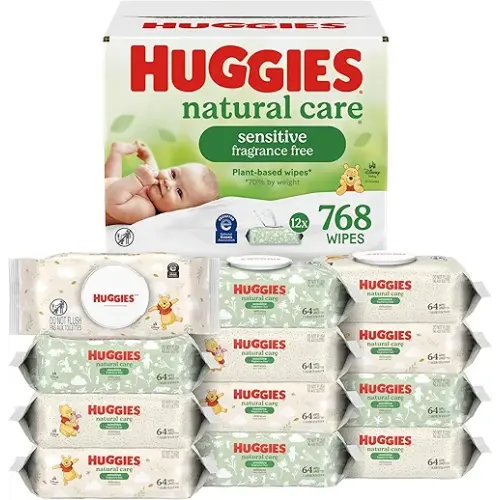 Huggies Natural Care Sensitive Baby Wipes, Unscented, Hypoallergenic, 99% Purified Water, 12 Flip-Top Packs (768 Wipes Total), Packaging May Vary