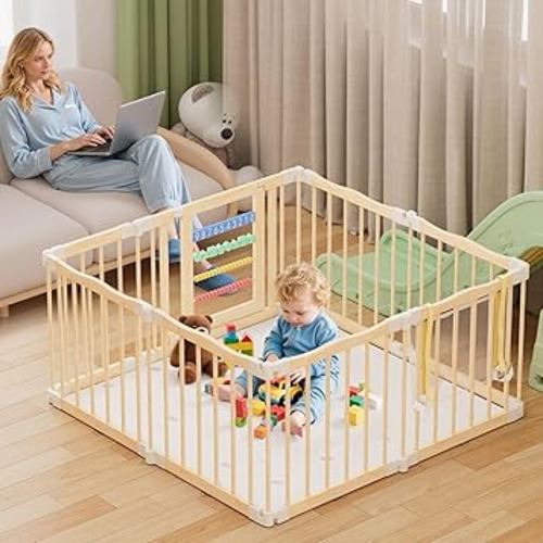 Wooden Baby Playpen 50 × 50 Inches, Foldable Playpen Fence with Cute Digital Blocks & Storage Bag, Wooden Baby Gate, Multi-Shape Play Yard for Babies and Toddlers Indoor Outdoor