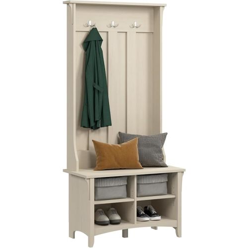 Bush Furniture Salinas Hall Tree with Shoe Storage Bench in Antique White, Multi-Purpose Home Organizer, Entryway Solution with Seating and Hooks
