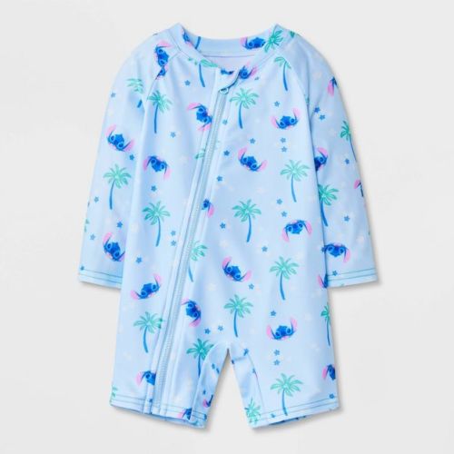 Disney Baby Boys' Lilo & Stitch Palm Tree 1pc Rash Guard Swimsuit - Light Blue 9M