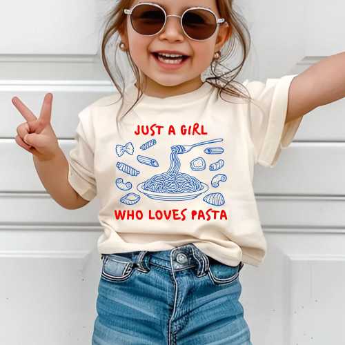 Just A Girl Who Loves Pasta Toddler Shirt, Cute Macaroni Kids T-Shirt, Italian Food Lover Gift, Foodie Girl Spaghetti and Penne Youth Top