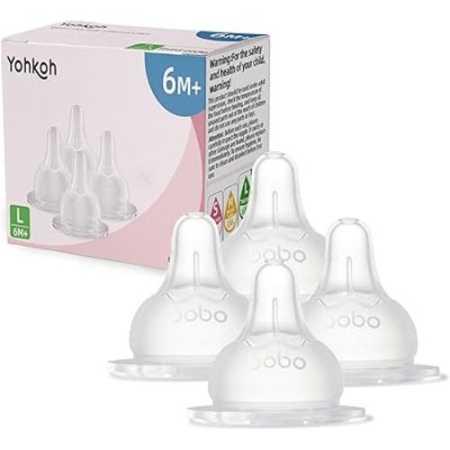 YOHKOH Baby Bottle Nipples for Wide Neck Bottles, 100% Natural Feel Silicone Nipples, BPA-Free (6m+, L, 4 Counts)