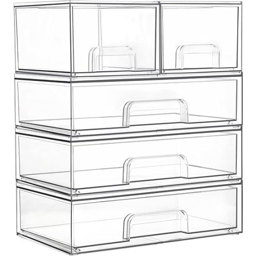Vtopmart Clear Stackable Storage Drawers Set of 5, Plastic Organizer Bins for Makeup, Cosmetics, Beauty Supplies,Ideal for Vanity, Bathroom,Cabinet,Pantry Organization