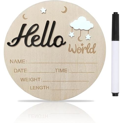 Baby Announcement Sign, ​5.9 Inch Wooden Hello World Newborn Signs, Birth Announcement Sign, Cloud and Stars Decoration, Welcome Newborn Arrival To World, Hospital Nursery for Baby (Black)
