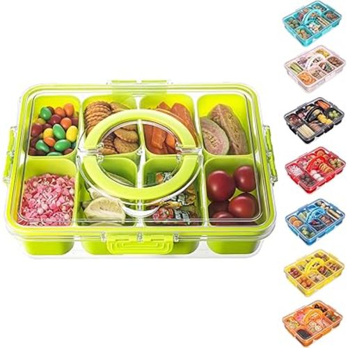 Divided Serving Tray with Lid and Handle - Snackle Box Charcuterie Container for Portable Snack Platters Organizer for Candy, Fruits, Nuts, Snacks - Perfect for Party, Entertaining, Green