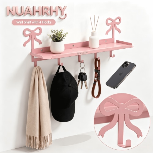 Pink Bow Wall Shelf with 4 Hooks, Heavy Duty Metal Entryway Key Holder & Coat Rack, Coquette Room Decor for Nursery, Bedroom & Kitchen, 13.86"