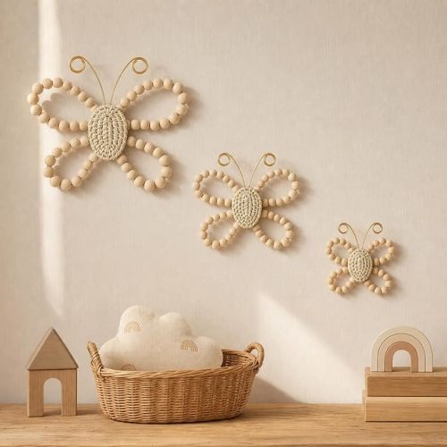 AceOrbit 3 Pcs Boho Butterfly Wall Decor, Wood Bead Butterfly Wall Art, Beaded Butterflies, Farmhouse Boho Nursery Decor for Baby Girls Kids Bedroom Dorm Playroom (8'', 6'', 4.8'')
