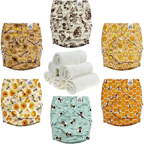 Mama Koala 3.0 Pocket Cloth Diapers for Babies with Suede Lining, 6 Pack with 6 4-Layer Natural Cloth Diaper Inserts - Reusable and Washable Pocket Diapers (S-Hardworking Bees)