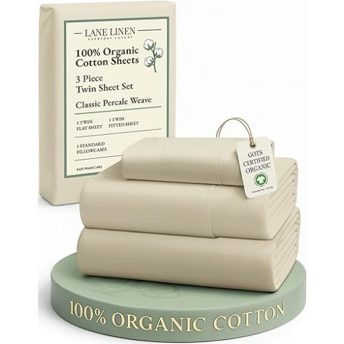 LANE LINEN 100% Organic Cotton Twin Size Bed Sheets, Fully Elasticized Mercerised Cotton Bed Sheet Set, Soft & Comfy Low Pill Face Resistant Bedding Sheets & Pillowcase Set- Linen