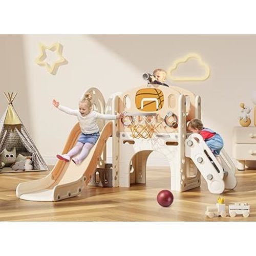 BIERUM 9 in 1 Toddler Slide, Baby Slide for Toddlers Age 1-3 with Ring Toss, Basketball Hoop and Telescope, Indoor Outdoor Playset Playground Beige Coffee