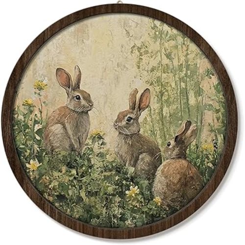 VONTP Vintage Spring Cute Rabbit Wall Art, Cottagecore Wildflower Moody Bunny Round Wall Hanging Decor, Nursery Kids Room Cottagecore Farmhouse Animal, 10x10 Inches