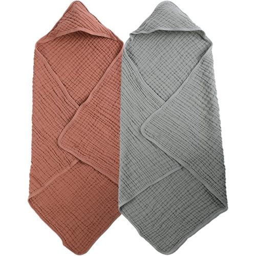 Cottonsong Newborn Hooded Towels 2-Pack, 100% Cotton Plain Weave Muslin Baby Bath Towels, Soft & Absorbent, 32x32 Inches (Sand Red + Emerald Green)