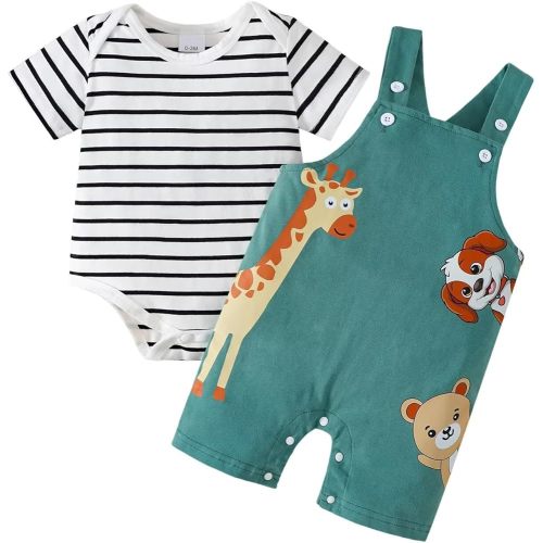 Baby Boy Clothes Cute Summer Outfits Infant Short Sleeve Striped Romper Cartoon Suspender Overalls 6-9 Months