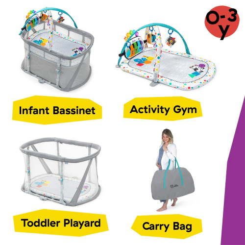 Baby Einstein Kick & Snooze 3-in-1 Foldable Playard with Bassinet, Gym, and Bedside Sleeper, 0+ Months