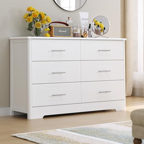 HOSATCK 6 Drawer Dresser, Modern White Double Dresser, Wide Chest of Drawers with Metal Handels, Accent Wood Storage Chest Organizers for Living Room, Hallway, Entryway (Trapezoid/White)