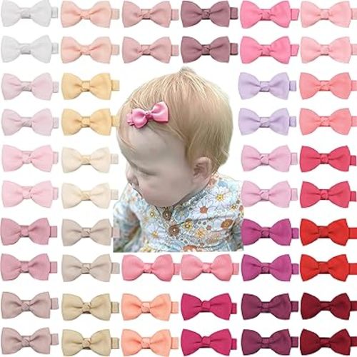 CELLOT Baby Girls Fully Lined Hair Bows Hair Pins, 2' Hair Bows, 50 Pieces/25 Pairs - Infants, Toddlers, Kids Hair Accessories in Pairs - Pink Bow Alligator Hair Clips