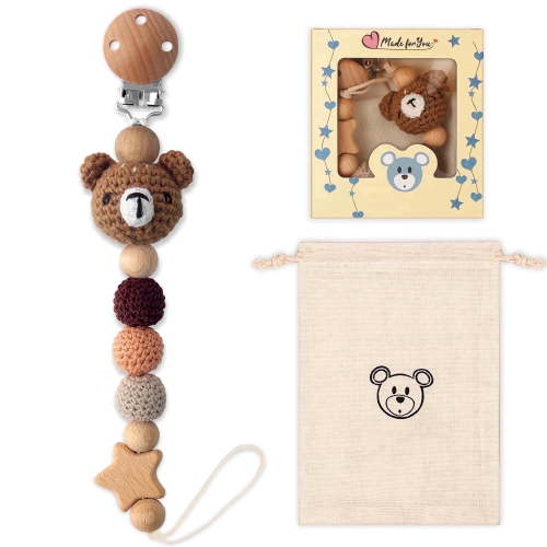 LSTRAGY Pacifier Clip Universal Wood Infant Pacifier Holder for Teething, Unisex, Bear