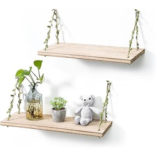 Leaf Rope Hanging Floating Shelves, Wall Swing Storage Shelf for Home Decor.17, 2-Pack (Light Color)