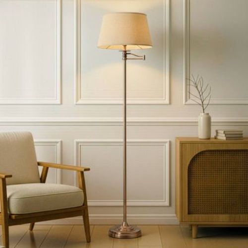 Brightech Caden Mid-Century (Includes LED Light Bulb) Swing Arm Arc Floor Lamp Oil-Brushed Bronze: 62" Height, Adjustable, Linen Shade, UL Listed