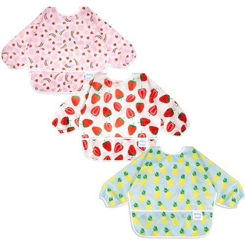 3 Pcs Long Sleeved Bib Set|Baby Waterproof Bibs with Pocket Bundle|Toddler Bib with Sleeves|Stain Resistance Smock 6-24 Month
