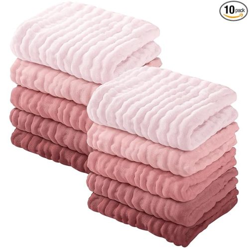 Yoofoss Muslin Baby Washcloths 100% Organic Cotton Face Towels 10 Pack Wash Cloths for Baby 12x12in Soft and Absorbent Baby Wipes (Gradient Pink)