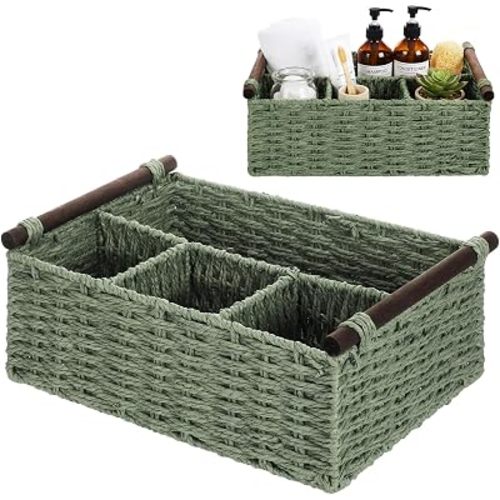 Remerry Sage Green Bathroom Countertop Organizer Caddy, Wicker-Like Divided Basket with Handle and Metal Frame, 4 Compartment, Paper Rope Storage Organizer for Vanity Kitchen (15.35 x 10.24 x 6.3 in)