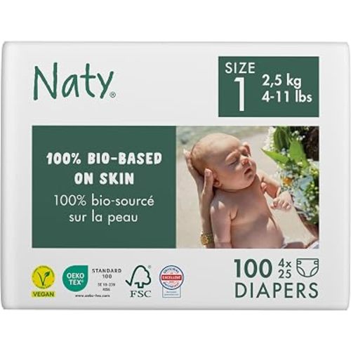 Naty Baby Diapers Newborn - 100% Plant-Based Materials on Skin, Extra Soft, for Sensitive Skin & Super Absorbent (Size 1, 100 Count)