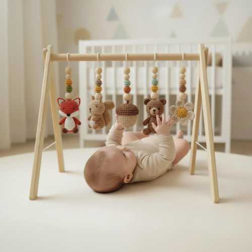 Handmade Custom Woodland Baby Gym | Personalized Wooden Play Gym with Crochet Forest Friends Theme Toys | Neutral Montessori Nursery Decor