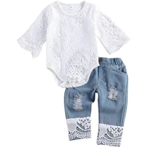 AvoDovA Baby Girls Pants Set Ruffles Sleeve Lace Romper + Denim Ripped Jeans Outfits