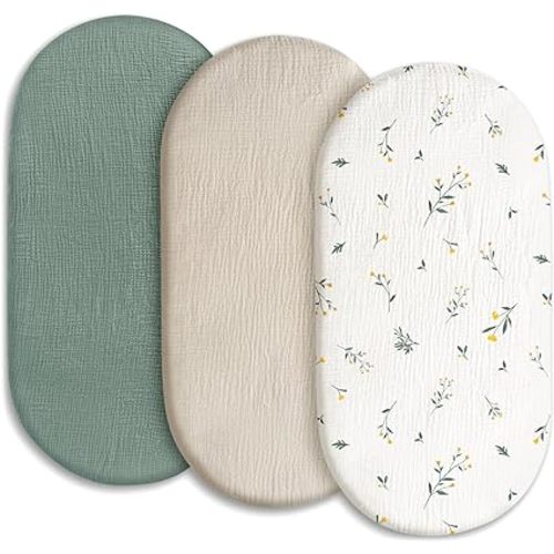 Gllquen Baby Muslin Bassinet Sheets 3 Pack, Breathable Elastic Cozy Fitted Cotton Bassinet Mattress Sheet for Baby Boy Girls, Fit for Hourglass Oval Rectangular Cradle Pad Sheets 33"x17" (Green)