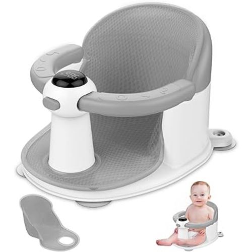 Baby Bath Seat-for Babies 6 Months & up, Water Temperature Display+Soft Cushion, Non-Slip Toddler Bath Seat for Baby, Sit Up Bath Seat for Baby, Grey