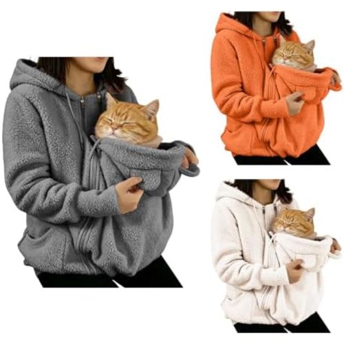 Women Fuzzy Fleece Hoodie Carrier Pouch Zip Up Hooded Warm Winter Jacket