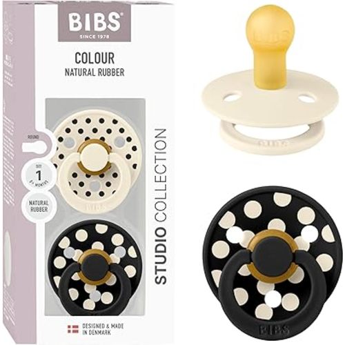 BIBS Polka Dots Pacifier 2-Pack, BPA Free Pacifiers with a Round Latex Nipple, Made in Scandinavia, Size 1 (0-6 Months), Ivory/Black