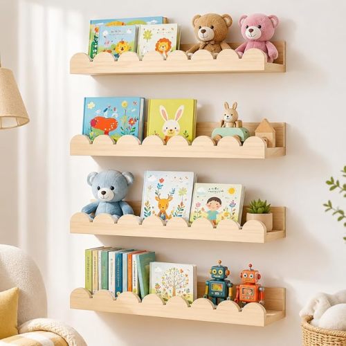 4PACK Nursery Book Shelves, Floating Shelves for Bedroom, Scalloped Wall Shelves for Bedroom Wall Book Scalloped Shelves, for Wall Decor and Storage, for Toys, Photo Frames,Nursery Décor (Natural)