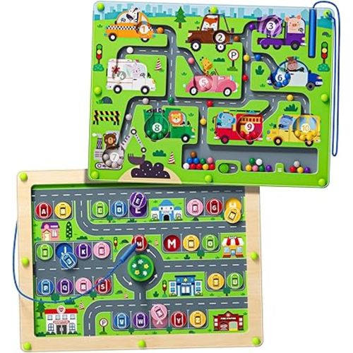 2 in 1 Magnetic Maze Board Car Maze Double Sided Magnet Alphabet Color and Number Sorting Educational Puzzle Montessori Toys for 3-5 Age Boys and Girls