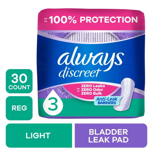 Always Discreet Incontinence Pads for Women, Light Absorbency, Regular Length, Postpartum Pads, 30 Count