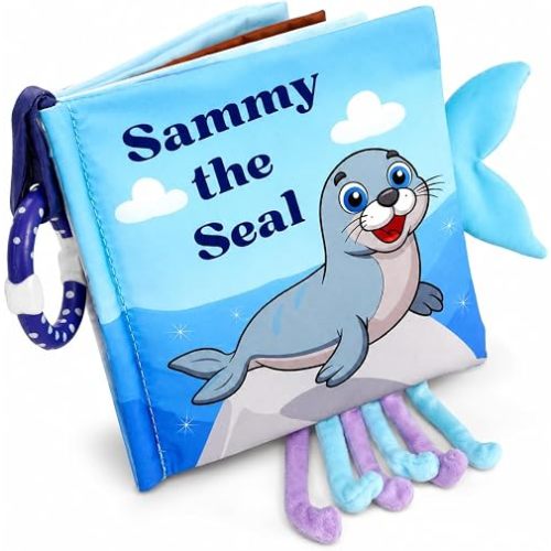 Soft Crinkle Cloth Book for Babies 0-18 Months – High Contrast Sensory Story Book with Teether, Mirror & Textures, Newborn Tummy Time Toy, Baby Shower for Boys & Girls – Sammy the Seal