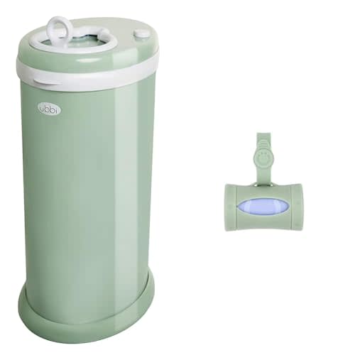 Ubbi Steel Diaper Pail & On-The-Go Diaper Bag Dispenser for Travel with Lavender-Scented Bags Baby Registry Must-Have Bundle, Sage Green