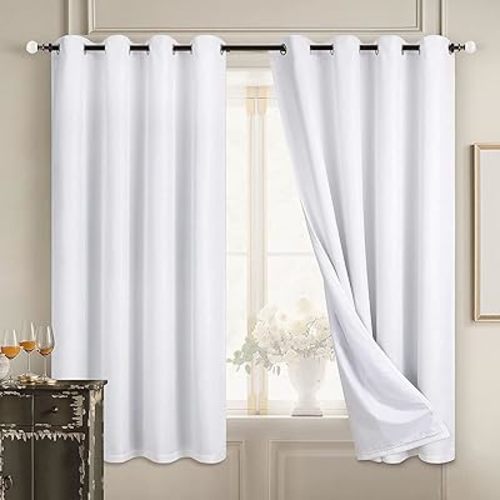 Diraysid 100% Blackout Curtains White Linen Curtains for Bedroom Grommet Thermal Insulated Room Darkening Drapes (2 Panels, W52 x L72 Inch)