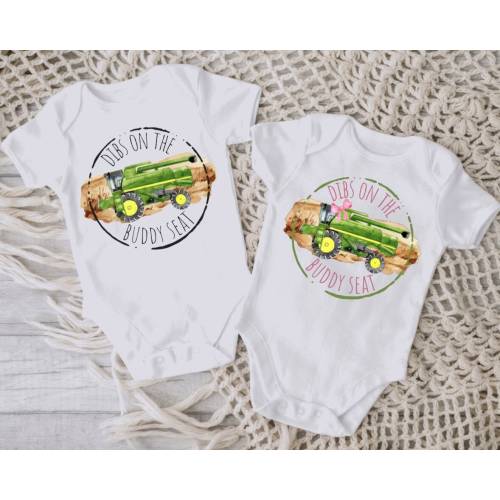 Dibs on the Buddy Seat Green Combine Tractor Baby Girl or Boy Bodysuit, Birth Announcement, Twin Baby Harvest, New to the Farm Gender Reveal