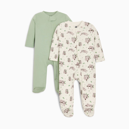 Small Story Organic Cotton 2-Way Zip Footie (2 Pack) - Sloth & Sage Solid, 0-3 M