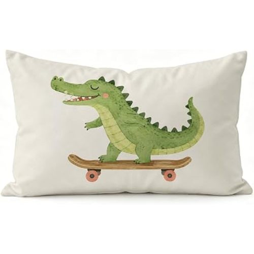 Funny Crocodile Skateboard Throw Pillow Cover 12x20 Inch, Cute Cartoon Alligator Skater Lumbar Pillow Case for Couch Sofa Kids Bedroom, for Kids Boys Girls
